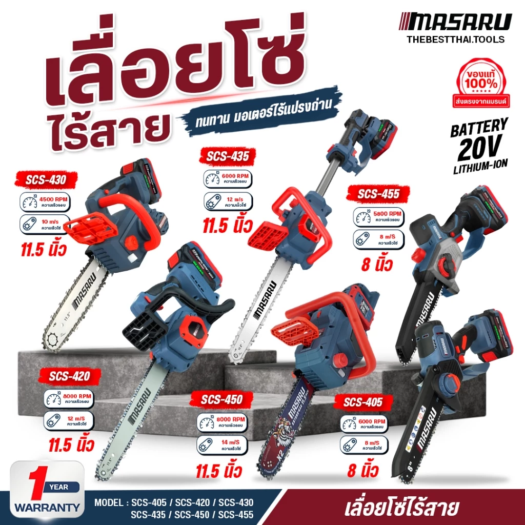 MASARU เลื่อยโซ่ไร้สาย 8/11.5 นิ้ว ตัดกิ่งสูง Cordless