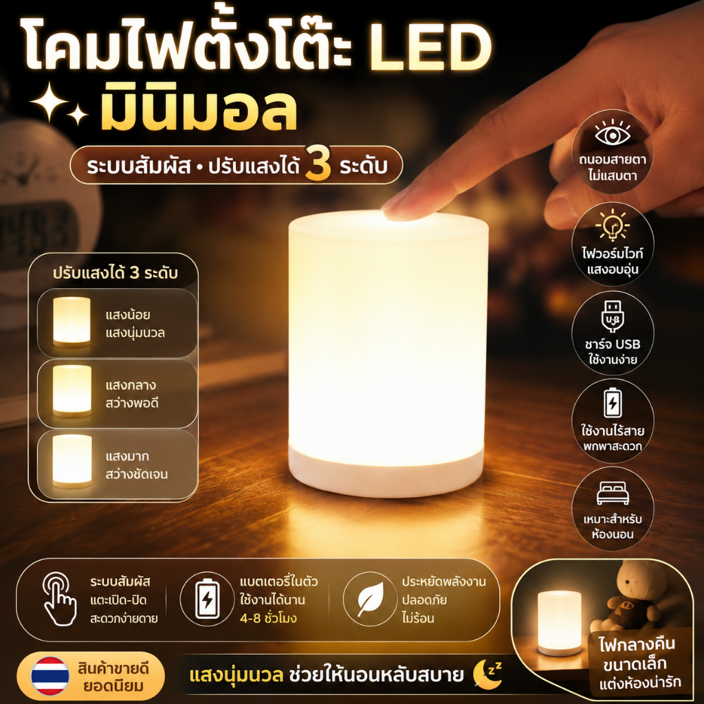 โคมไฟตั้งโต๊ะ LED ทรงกลม ไฟกลางคืนไร้สาย ชาร์จ USB ระบบสัมผัส ปรับแสงได้ แต่งห้องมินิมอล