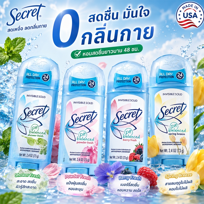 ☀️สดชื่นยาวนาน💧 Secret โรลออน ลดเหงื่อ ระงับกลิ่นกาย 72 ชั่วโมง Antiperspirant Deodorant 73g กลิ่นหอมติดทนนาน
