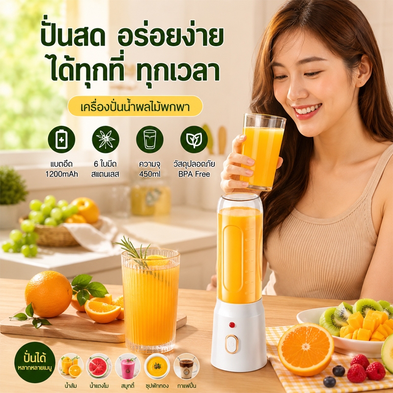 เครื่องปั่นน้ำผลไม้ พกพามัลติฟังก์ชั่น 6ใบมีด ปั่นละเอียดเร็ว น้ำผลไม้ มิลค์เชค แคมป์ปิ้ง เดินป่า ปิกนิก