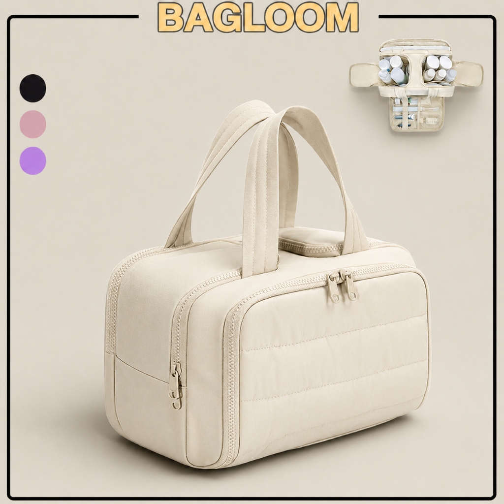 BAGLOOM กระเป๋าเครื่องสำอาง กระเป๋าเปิดกว้าง Puffy เบาะ Make Up กระเป๋า Organizer