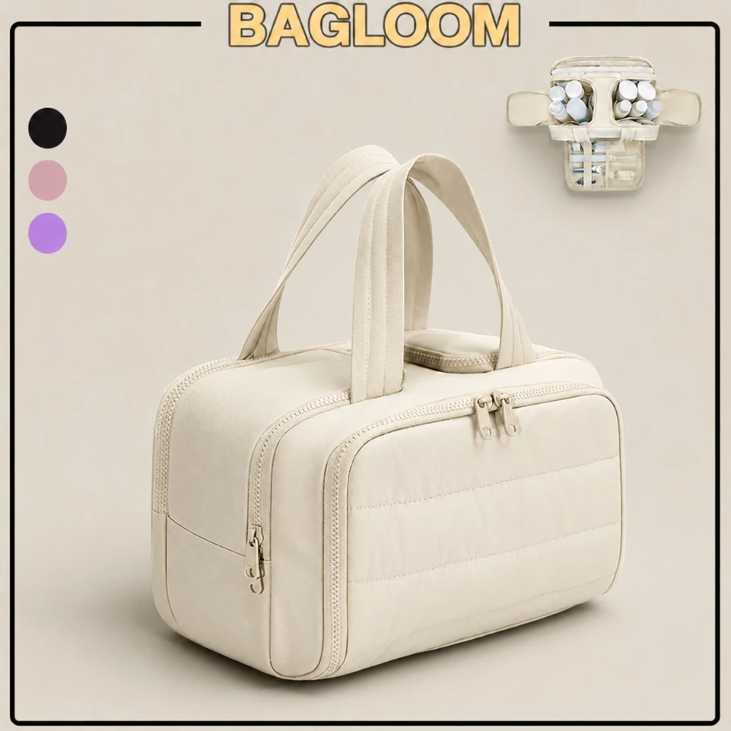 BAGLOOM กระเป๋าเครื่องสำอาง กระเป๋าเปิดกว้าง Puffy เบาะ Make Up กระเป๋า Organizer