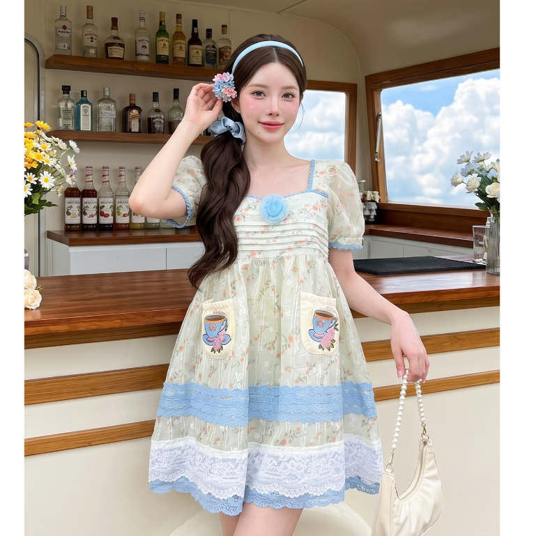 (มี3XL) Rose Tea Dress เดรสทรงปล่อยผ้าไหมชีฟอง แขนสั้น อกทรงสวย + เข็มกลัดดอกไม้ มีกระเป๋าหน้า ซิปหลัง