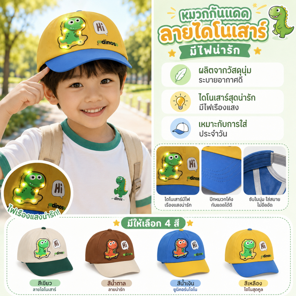 หมวกเบสบอลการ์ตูนสำหรับเด็ก ลายไดโนเสาร์มีไฟเรืองแสง ระบายอากาศได้ดี ใส่สบายไม่ร้อน 46-48CM