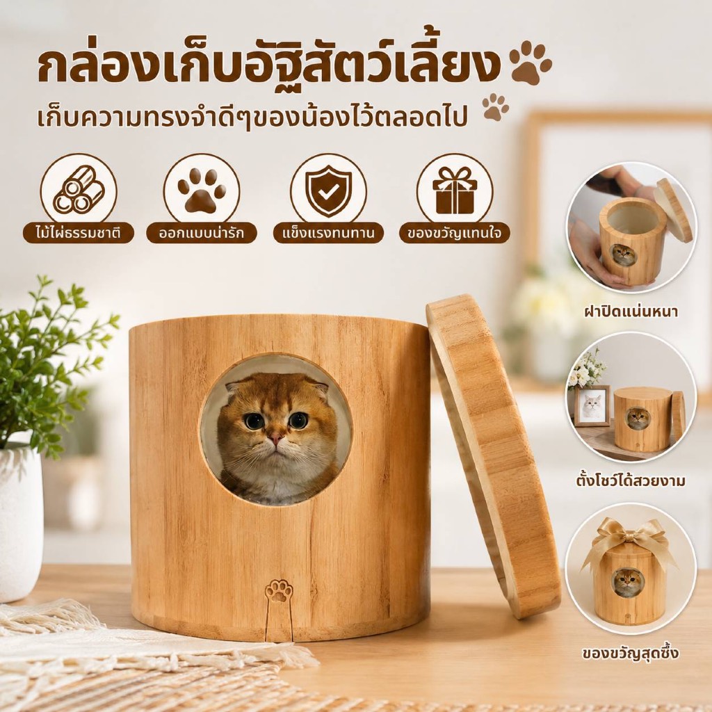 (สลักชื่อได้)โกศสัตว์เลี้ยงไม้จริง สั่งทำรูปและสลักชื่อได้ ส่งรูปน้องมาได้เลยขนาดกำลังพอดี 12x12 ซม.