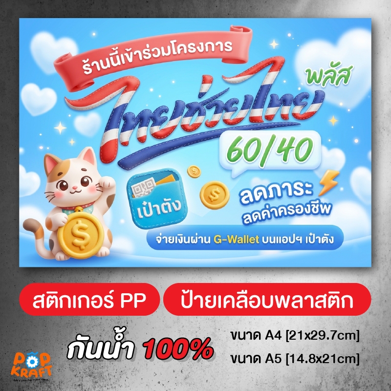 ป้ายไทยช่วยไทยพลัส เคลือบแข็ง สติ๊กเกอร์ กันน้ำ 100%