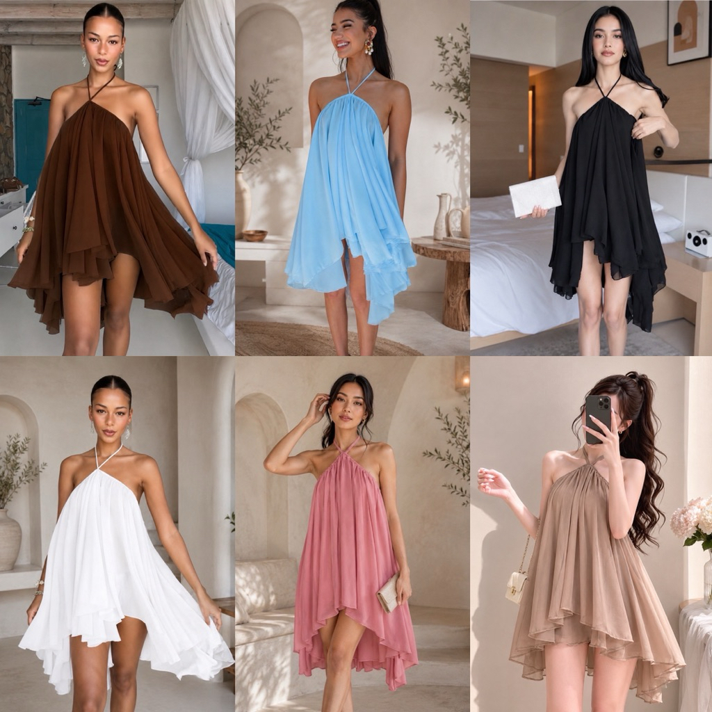 Teera❤️พร้อมส่ง✨Chiffon Halter Dress พริ้วละมุน ใส่แล้วดูตัวเล็ก💥✨เดรสผ้าชีฟองพริ้วสวย ซับในทั้งตัว ถ่ายรูปขึ้นสุดๆ 💫