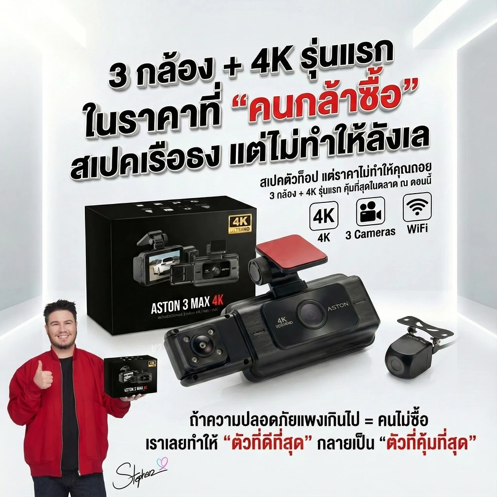 [3กล้อง4K] Aston 3 Max 4K กล้องติดรถยนต์ 3 กล้อง ความชัด4K หน้า-กลัง-ห้องโดยสาร บันทึกขณะจอด บันทึกวนซ้ำ  รับประกัน 1 ปี thumbnail 6