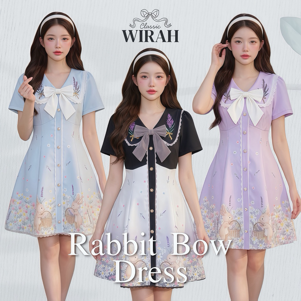 WR04 Rabbit Bow Dress :ชุดเดรสสั้นที่ผสมผสานความหวาน โดดเด่นด้วยปกเสื้อตกแต่งโบว์ ลายปักดอกไม้และกระโปรงพิมพ์ลายกระต่าย