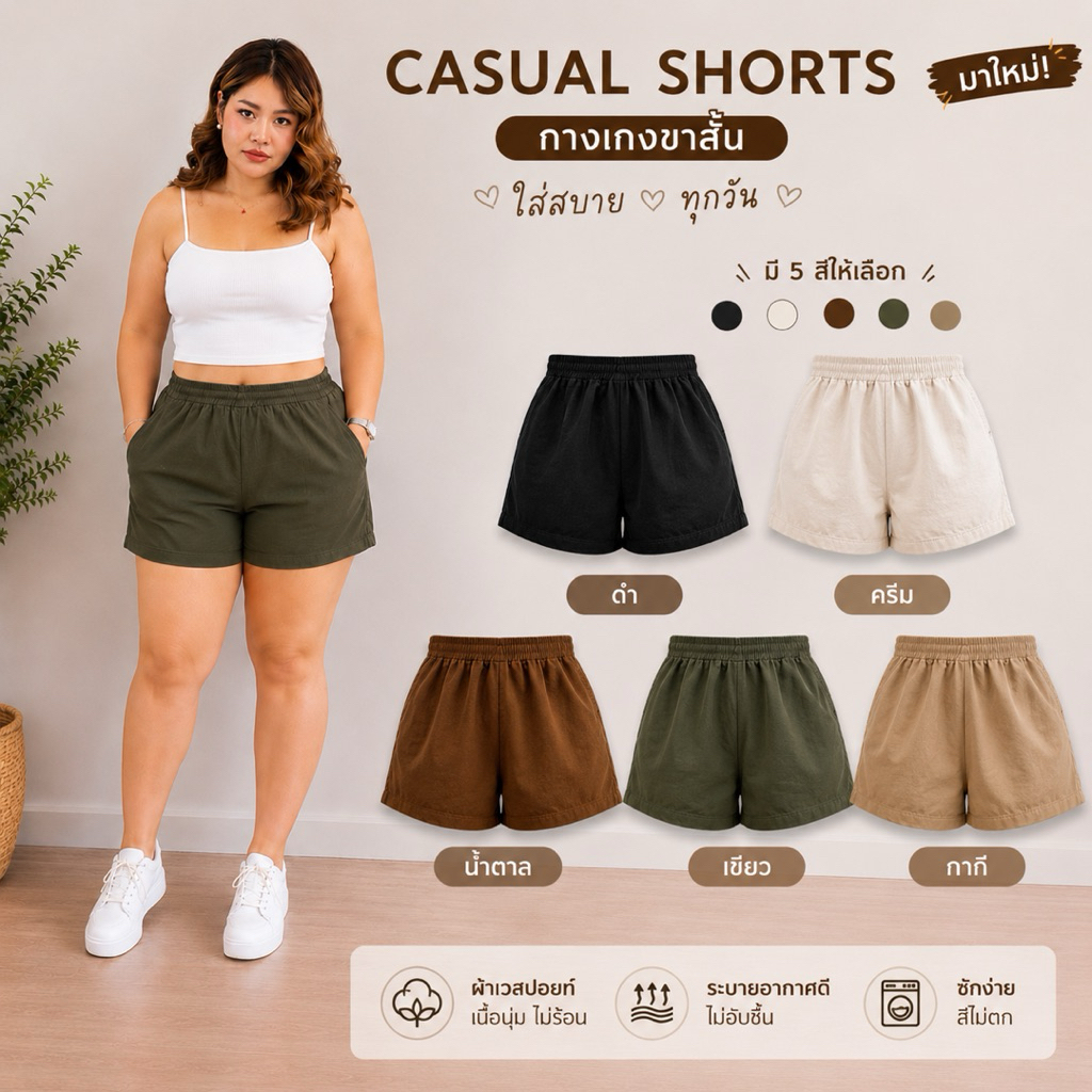 2S-9989-กางเกงขาสั้น สาวอวบ เอวเริ่ม 32-48 นิ้ว ผ้า เวสปอยท์ มี5สี ครีม กากี เขียว น้ำตาล ดำ ทรงสวย ผ้าไม่บาง