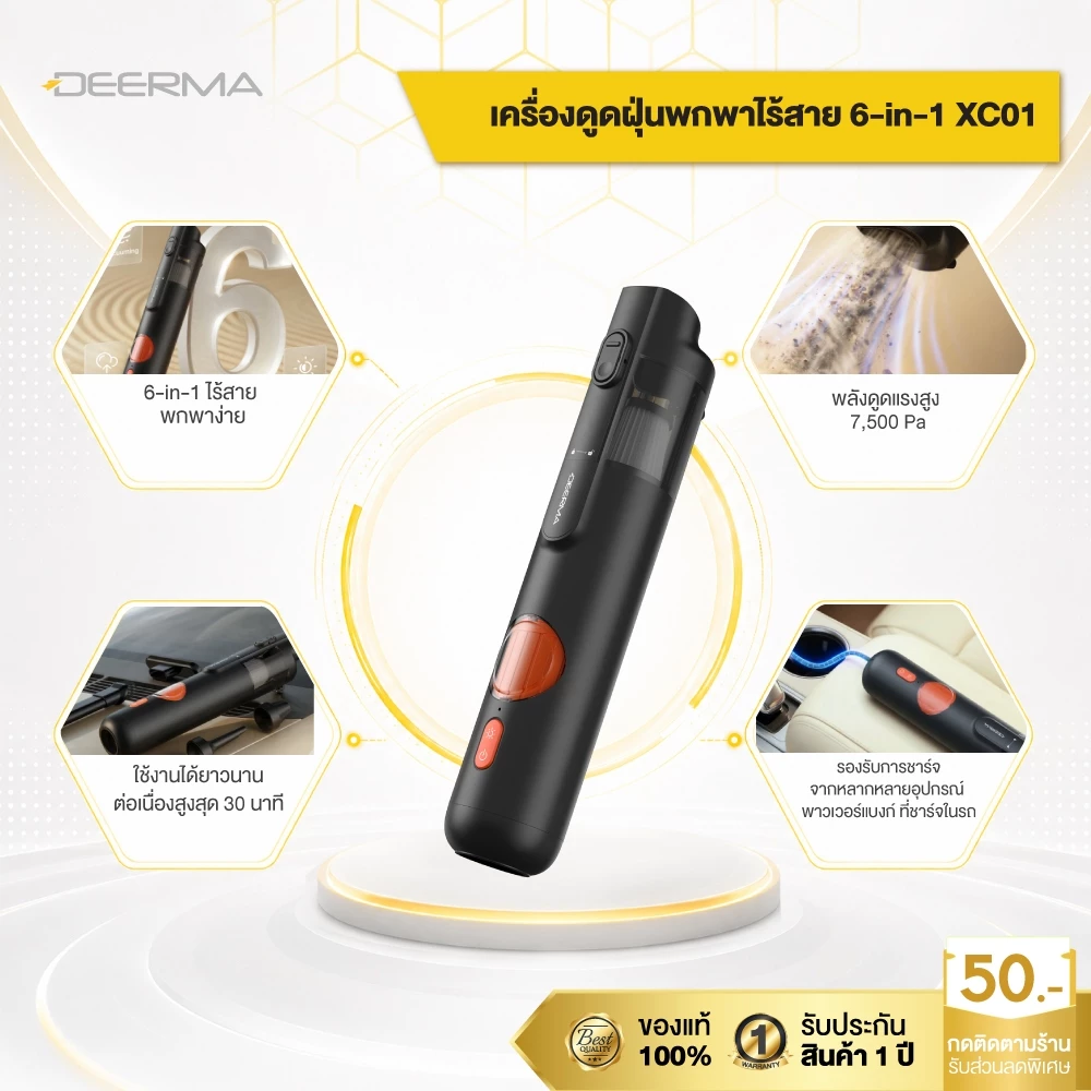 Deerma XC01 เครื่องดูดฝุ่นไร้สาย เครื่องดูดฝุ่นในรถ พกพาสะดวก แรงดูด 7,500Pa น้ำหนักเบา 0.4kg อเนกประสงค์ 6-in-1