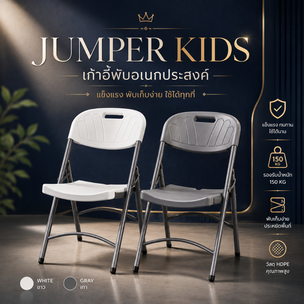 Jumper Kids เก้าอี้พับ อเนกประสงค์ เก้าอี้สำนักงาน มีพนักพิงหลัง วัสดุ HDPE รองรับน้ำหนัก 150 kg