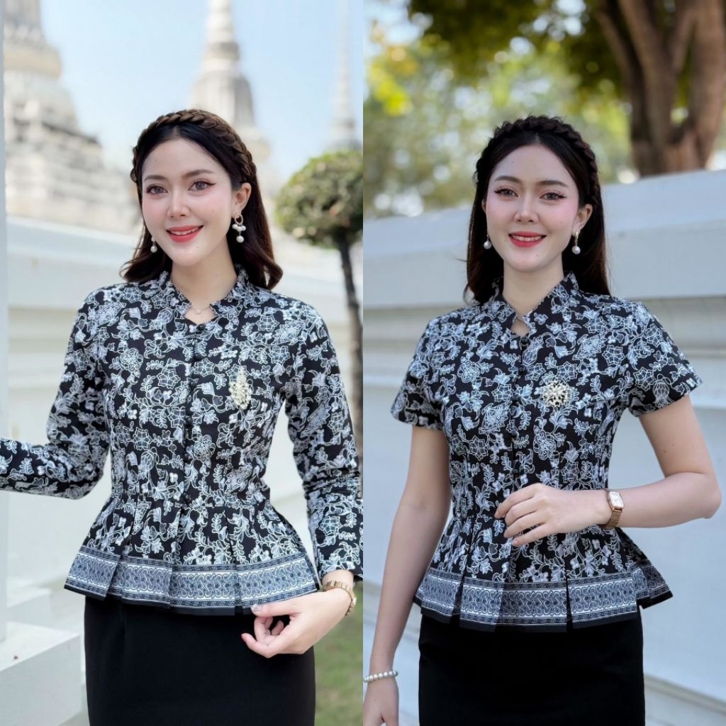 เสื้อผ้าไทยผู้หญิงคอจีนผ้าคอตตอลกระดุมหน้าเนื้อผ้าคอตตอลลวดลายตะขอพระราชทาน ผ้าคอตตอล รีดง่ายใส่สบาย ระบายชาย