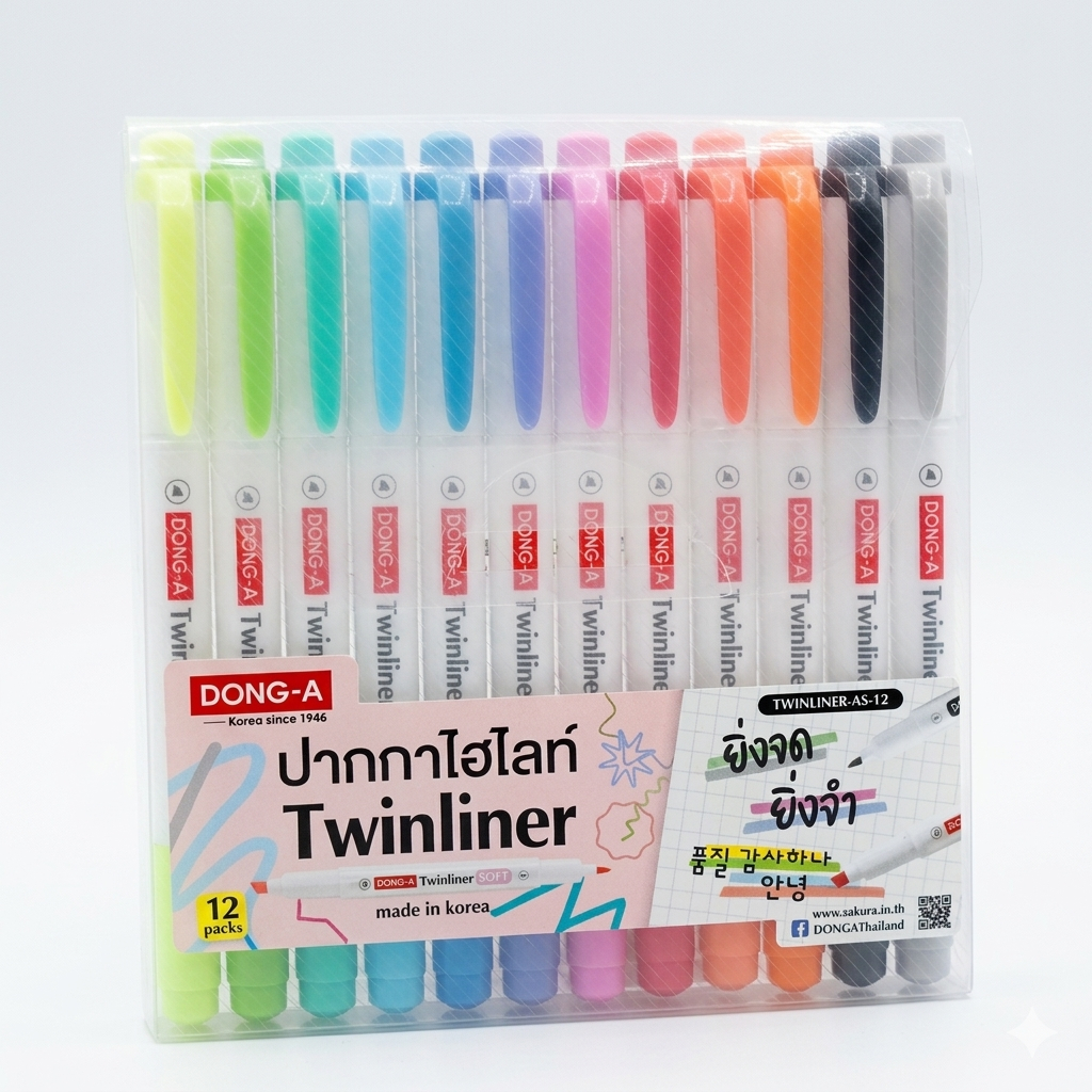 DONG-A Twinliner Soft ปากกาไฮไลท์ 2 หัว 12 สี สีพาสเทล Made in Korea