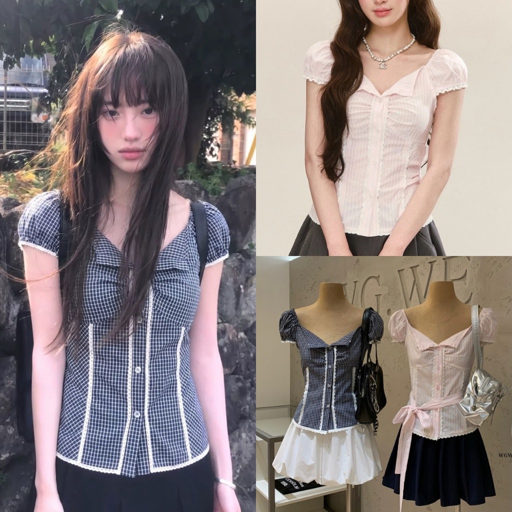 ❤ 🧵 🇰🇷 W9779 เสื้อแขนตุ๊กตา แต่งกระดุม ลายสก็อต งานน่ารักมากๆค่า ผ้าดีใส่สบาย แฟชั่นเกาหลี TAG WG.WE ✈