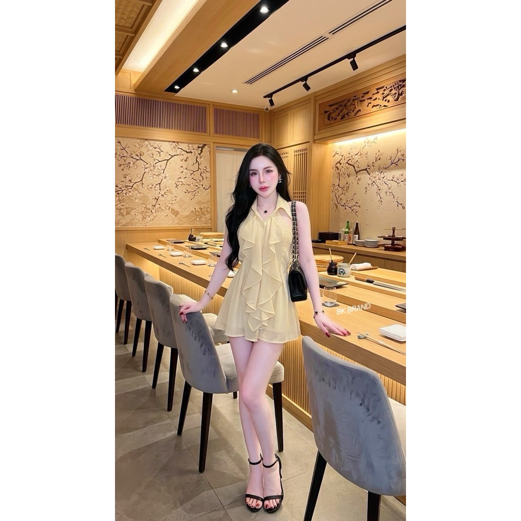 🩷🫶🏻มินิเดรส 2 ชิ้น🫶🏻🩷  🌷✨งานเดรสสาวเวียดนาม มินิเดรสคอปกกระดุมใช้งานได้จริงแต่งระบาย ดึงยางข้าง กางเกงขาสั้น