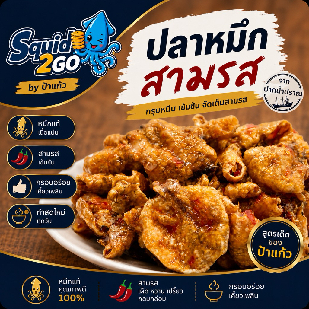ปลาหมึกสามรส หมึกฉาบสามรส กรอบอร่อย ไม่เหนียว ไม่ผสมแป้ง หวานเค็มเผ็ดเล็กน้อย