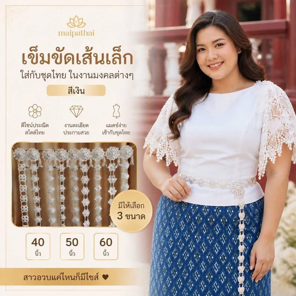 เข็มขัดใส่กับผ้าถุงผ้าไทย ชุดเดรส สีเงิน ความยาว 40,50,60 นิ้ว (สินค้ามีพร้อมส่งในไทย)