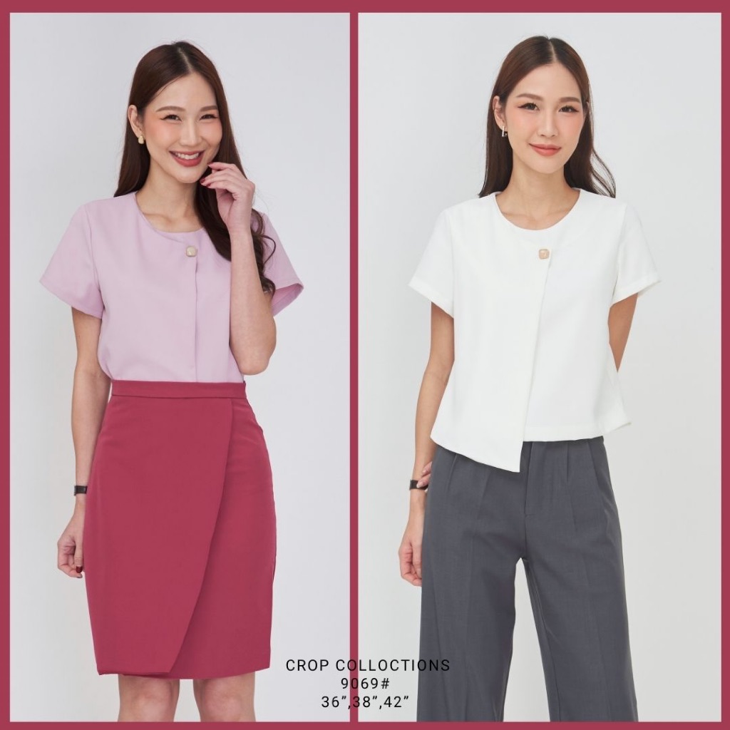 Laboratory 9069# เสื้อblouse ทรงครอปสีพื้น แต่งป้าย มีไซส์ 36,38,42