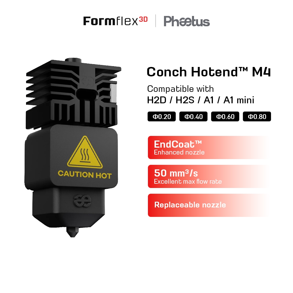 Phaetus Conch Hotend M4 สำหรับ Bambu Lab H2D/A1/A1mini หัวฉีด EndCoat ทนการกัดกร่อน อุณหภูมิสูง 350c