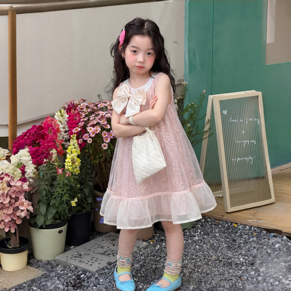 PRINCESS KESLI สไตล์เกาหลี ชุดเดรสเด็กผู้หญิง เดรสออกงาน แขนกุด ฟรุ้งฟริ้ง แต่งโบว์ 1-11 ปี