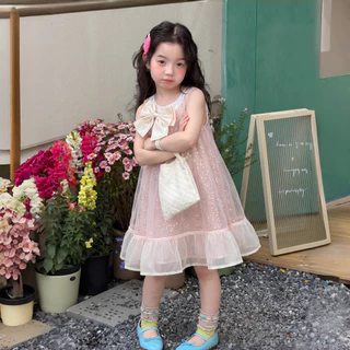 PRINCESS KESLI สไตล์เกาหลี ชุดเดรสเด็กผู้หญิง เดรสออกงาน แขนกุด ฟรุ้งฟริ้ง แต่งโบว์ 1-11 ปี
