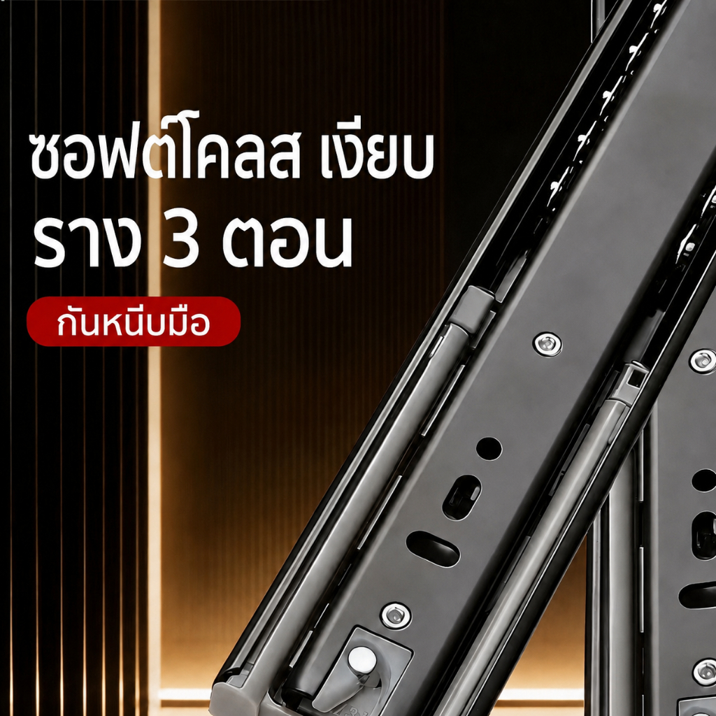 รางลิ้นชักลูกปืน 3 ตอน สีดำ รางนำทางลิ้นชัก เปิดปิดลื่น แข็งแรง สำหรับตู้ เฟอร์นิเจอร์ 10-20 นิ้ว