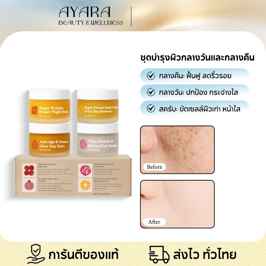 เซ็ทสกินแคร์ 4 ชิ้น ครีมบำรุงกลางคืน+กลางวัน+สครับขัดผิว+ครีมรอบดวงตา ต่อต้านวัย ลดริ้วรอย กระจ่างใส 120g