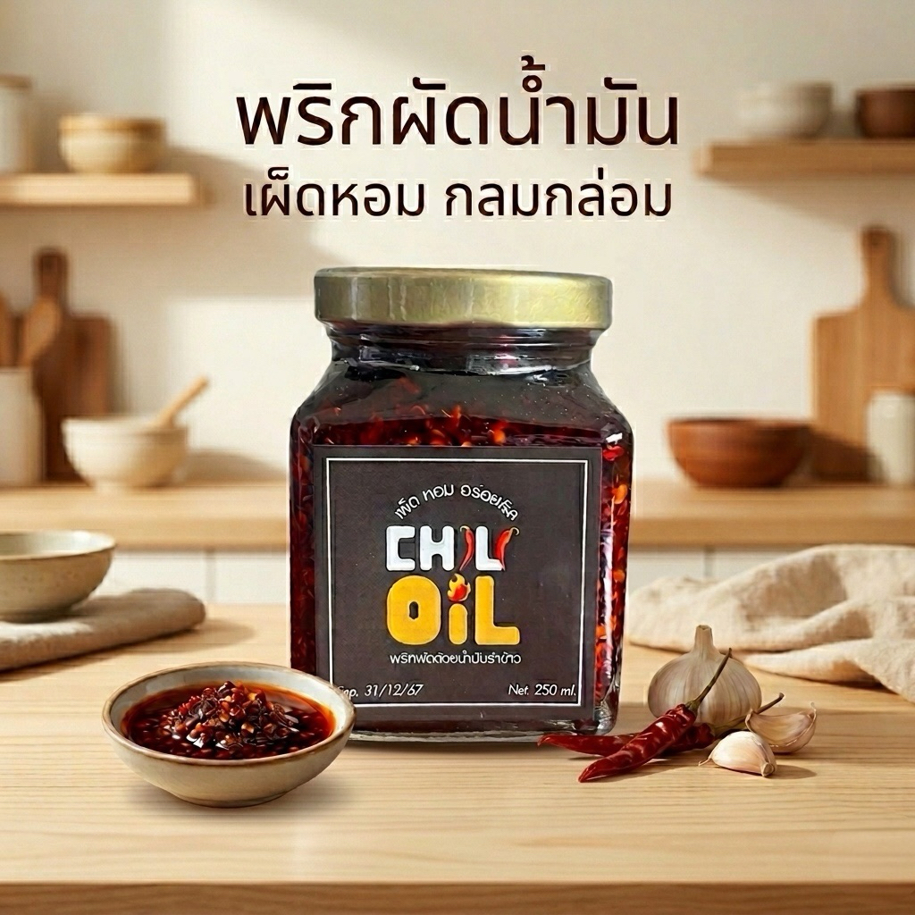 พริกผัดน้ำมัน น้ำมันรำข้าว เผ็ดหอม ไม่ใส่วัตถุกันเสีย พริกคลุกเส้น 250g(ปุกแก้ว)
