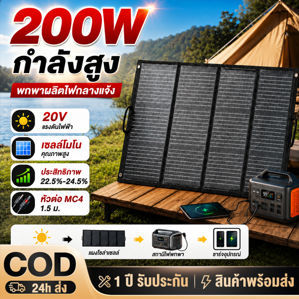Solar Panel แผงโซล่าเซลล์ 200W เซลล์แสงอาทิตย์ซิลิคอนผลึกเดี่ยว  พร้อมสาย กันน้ำ  กันฟ้าร้องฟ้า พับไ