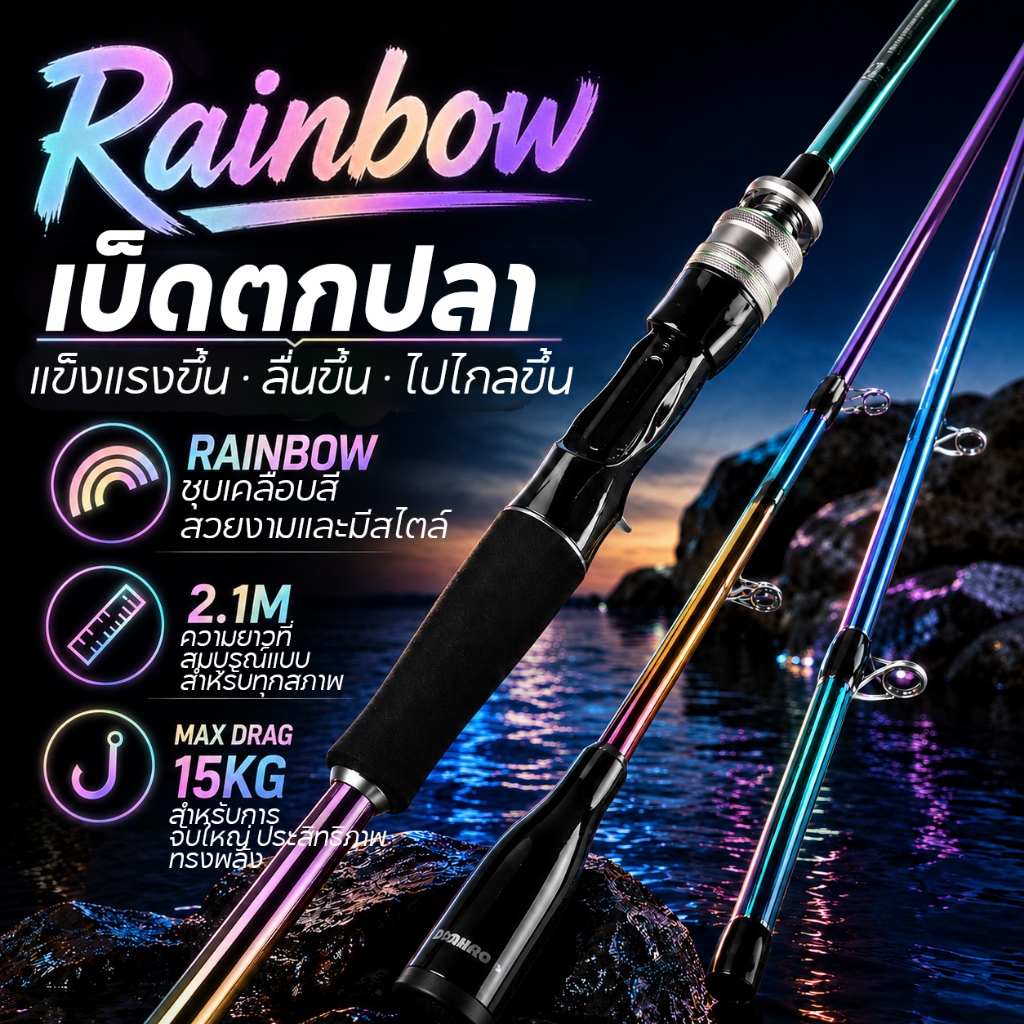 Dainamo 210m สีรุ้ง กระบวนการชุบโลหะด้วยไฟฟ้า 5-20LB / 8-30LB เหมาะกับงานช่อน ชะโด กระสูบ คันสปินนิ่ง คันสปิน แคสติ้ง คั
