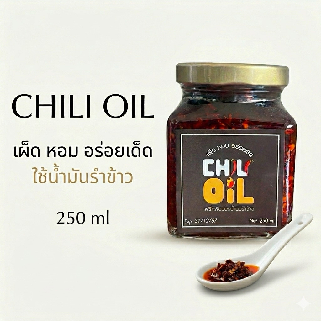 Chili Oil พริกน้ำมัน เผ็ดหอม พริกคั่วน้ำมันรำข้าว 250ml(ปุกแก้ว)