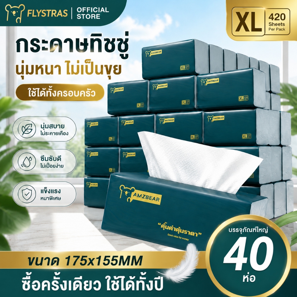 [40ห่อ] รุ่นเดียวกับ KIM Botare ทิชชู่ 4 ชั้น 420 แผ่น 160*175mm นุ่มหนา ดูดซับดี Air Cushion ใช้ในบ้าน ร้านอาหาร ส่งฟรี