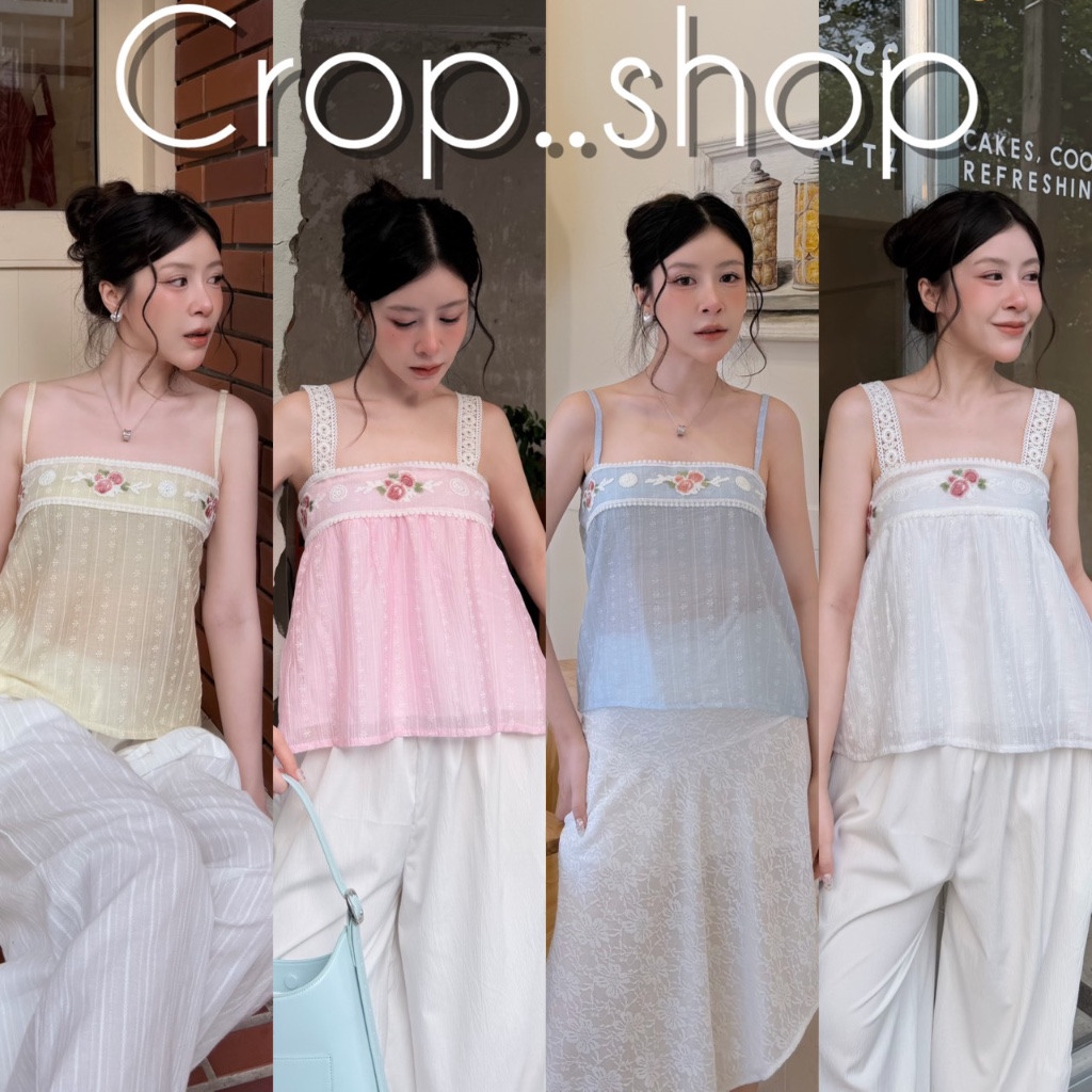 crop..shop เสื้องานสวย น่ารัก ลายดอกไม้ สายมี2เเบบ ปล่อยชายพริ้ว งานลงตัวมาก ดูดีสุดๆ