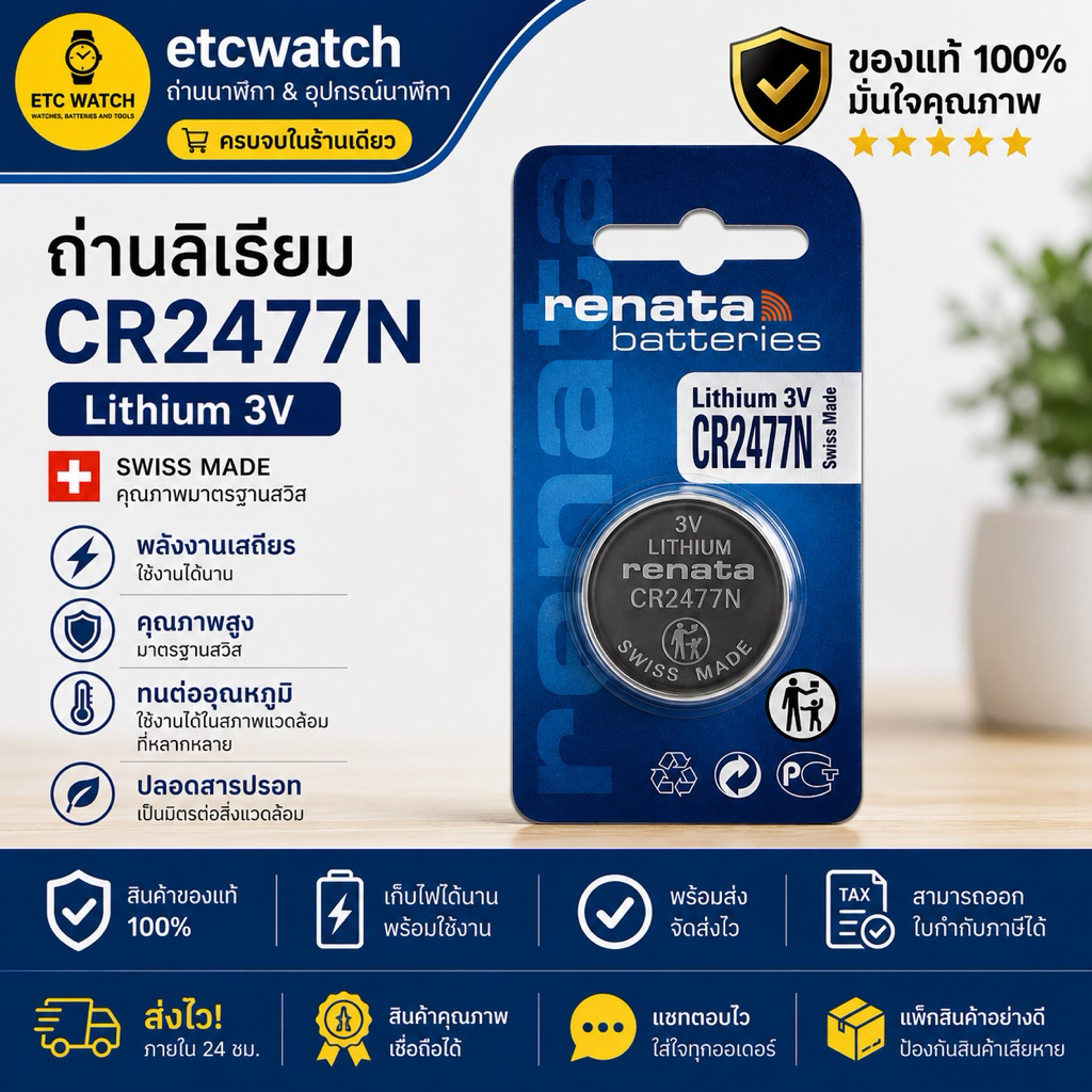 พร้อมส่ง> ถ่านกระดุม Renata CR2477N / CR2477 Made in Switzerland 1 ก้อน