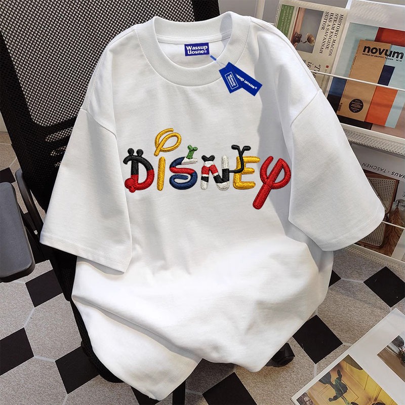 เสื้อยืดoversizeผู้หญิงผู้ชายสีขาวลายตัวอักษรปักผ้าสไตล์น่ารักเกาหลี ﻿ 5.27