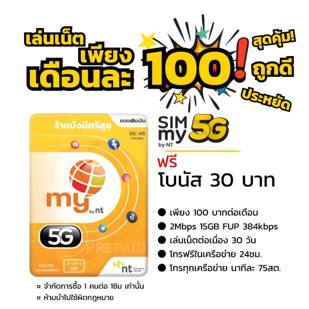 ถูกดี! สุดคุ้ม! (no.5)ซิมมาย เล่นเน็ตต่อเนื่อง 30วัน เพียง 100 บาทต่อเดือน (2Mbps 15GB FUP 384kbps)