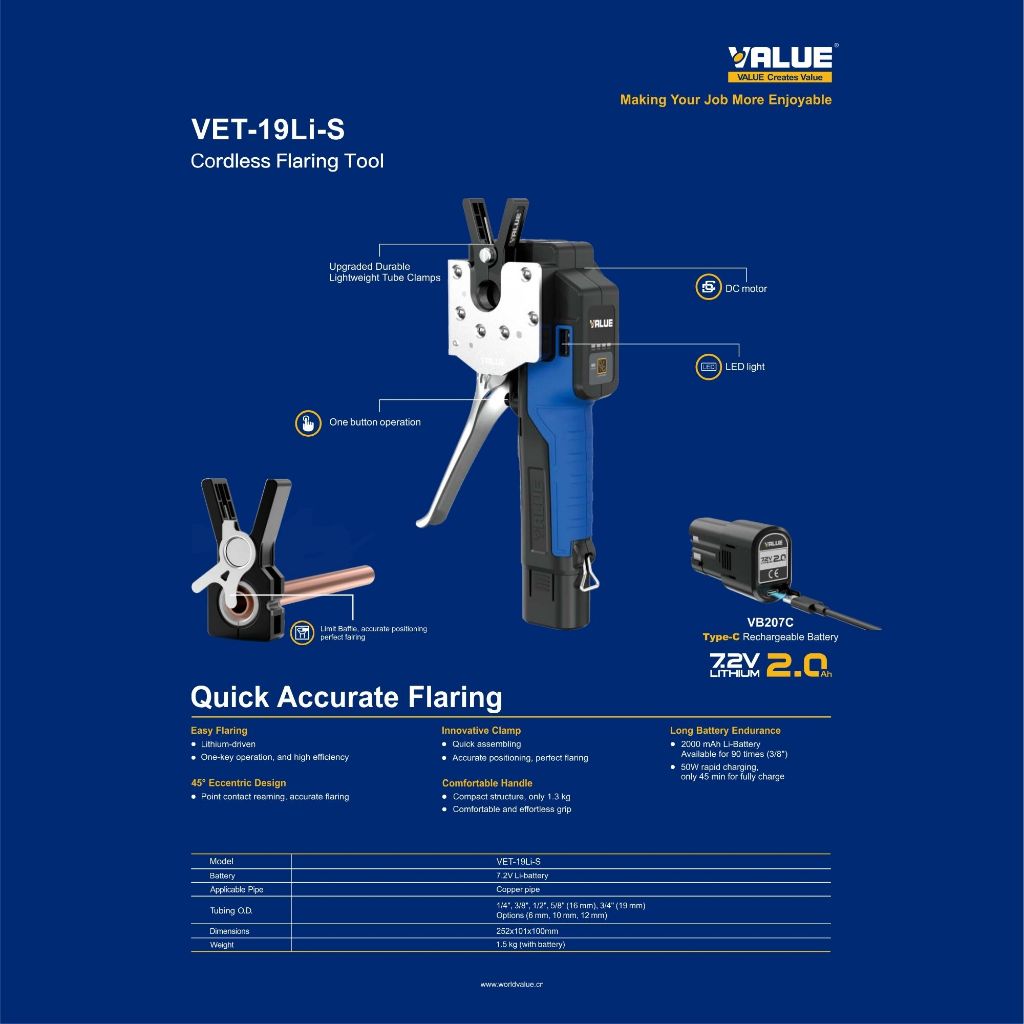 ชุดบานแฟลร์ไฟฟ้า แบตเตอรี่ VALUE VET-19LIS  ใช้กับแฟล์ ขนาด 1/4 ,3/8,1/2 ,5/8, 3/4 บานท่อแอร์ด้วยระบบไฟฟ้า ออโต้ฟรี