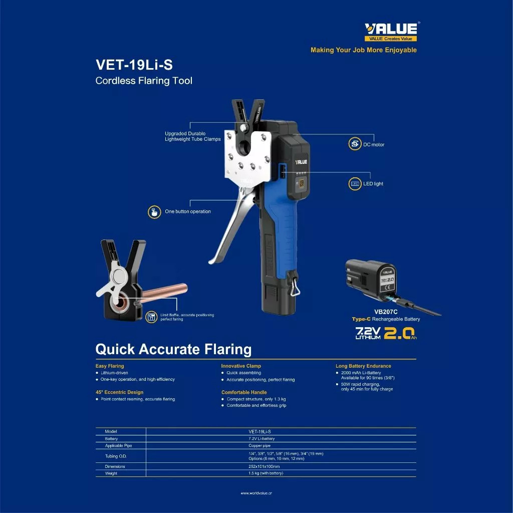 ชุดบานแฟลร์ไฟฟ้า แบตเตอรี่ VALUE VET-19LIS ใช้กับแฟล์ ขนาด 1/4 ,3/8,1/2 ,5/8, 3/4 บานท่อแอร์ด้วยระบบไฟฟ้า ออโต้ฟรี