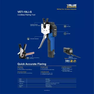 ชุดบานแฟลร์ไฟฟ้า แบตเตอรี่ VALUE VET-19LIS ใช้กับแฟล์ ขนาด 1/4 ,3/8,1/2 ,5/8, 3/4 บานท่อแอร์ด้วยระบบไฟฟ้า ออโต้ฟรี