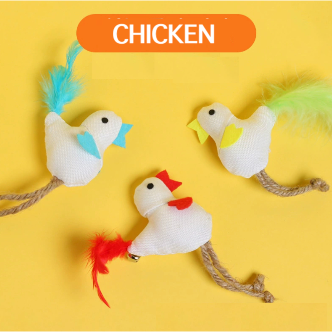 PP-2956 ตุ๊กตาไก่แคทนิป หางขนนก + เชือกกัด มีกระดิ่ง นุ่มฟัดเพลิน แมวชอบมาก พร้อมส่ง 🐔🐱💖