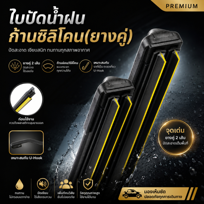 ใบปัดน้ำฝน ก้านซิลิโคน (ยางคู่) fiber ก้านปัดน้ำฝนยางคู่ ปัดสะอาด เพิ่มประสิทธิภาพการปัด2เท่า เหมาะกับตะขอเกี่ยว U-Hook