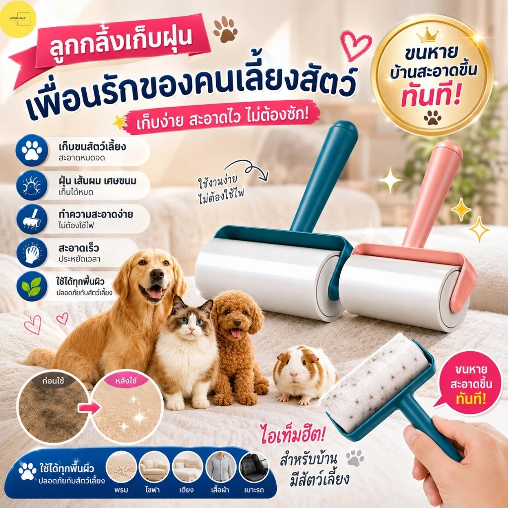 ลูกกลิ้งเก็บขน ลูกกลิ้งทำความสะอาดลูกกลิ้งกำจัดขน/ม้วนกาว รีฟิล เก็บขนและฝุ่น ขจัดขนแมวและขนสุนัข ลูกกลิ้งทำความสะอาด