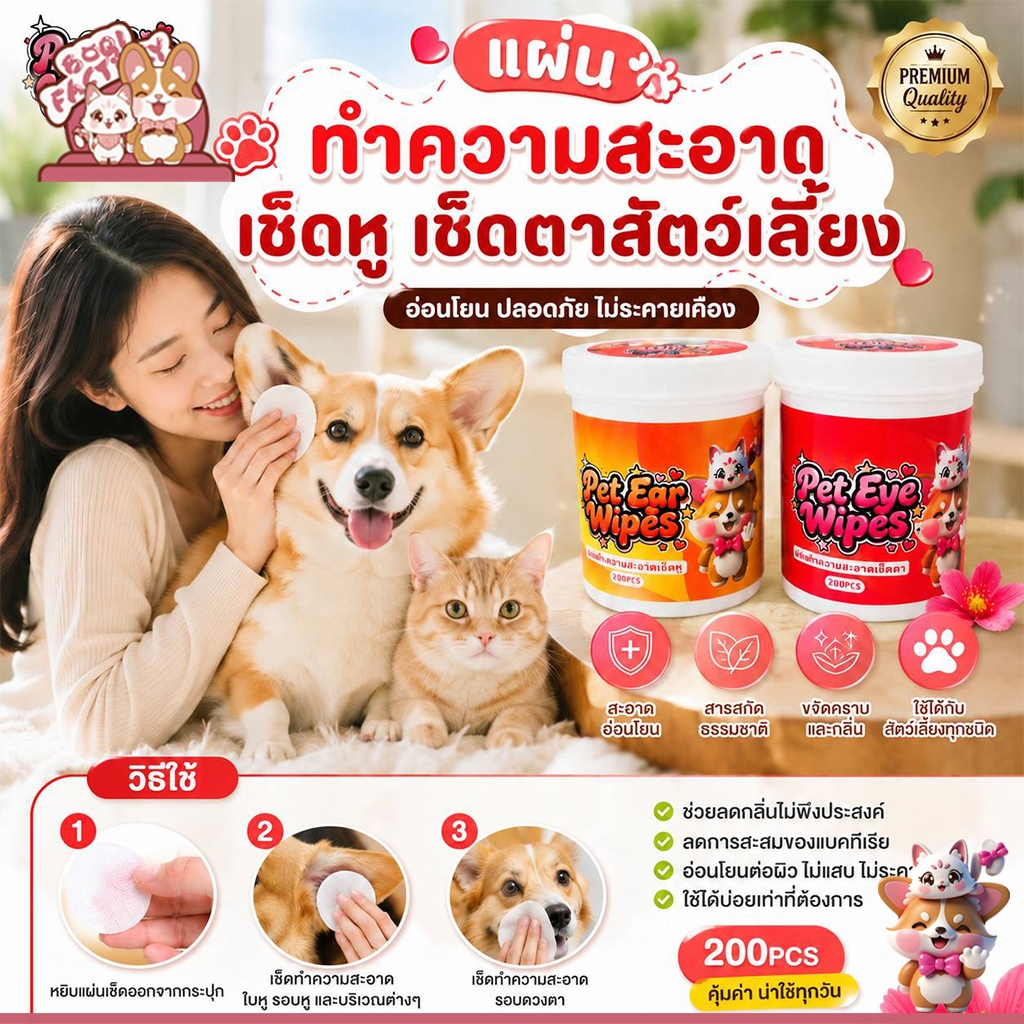 Boqi Factory ผ้าเช็ดทำความสะอาดสัตว์เลี้ยง ตา หู แบบอ่อนโยน สำหรับแมวและสุนัข ห่อละ 200 ชิ้น LZ888