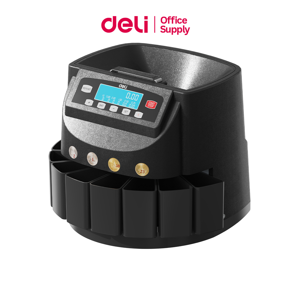 Deli เครื่องนับเหรียญอัตโนมัติ เครื่องแยกเหรียญ จอ LCD มีหูหิ้วพกพา ช่องใหญ่ แม่นยำสูง Coin Counter