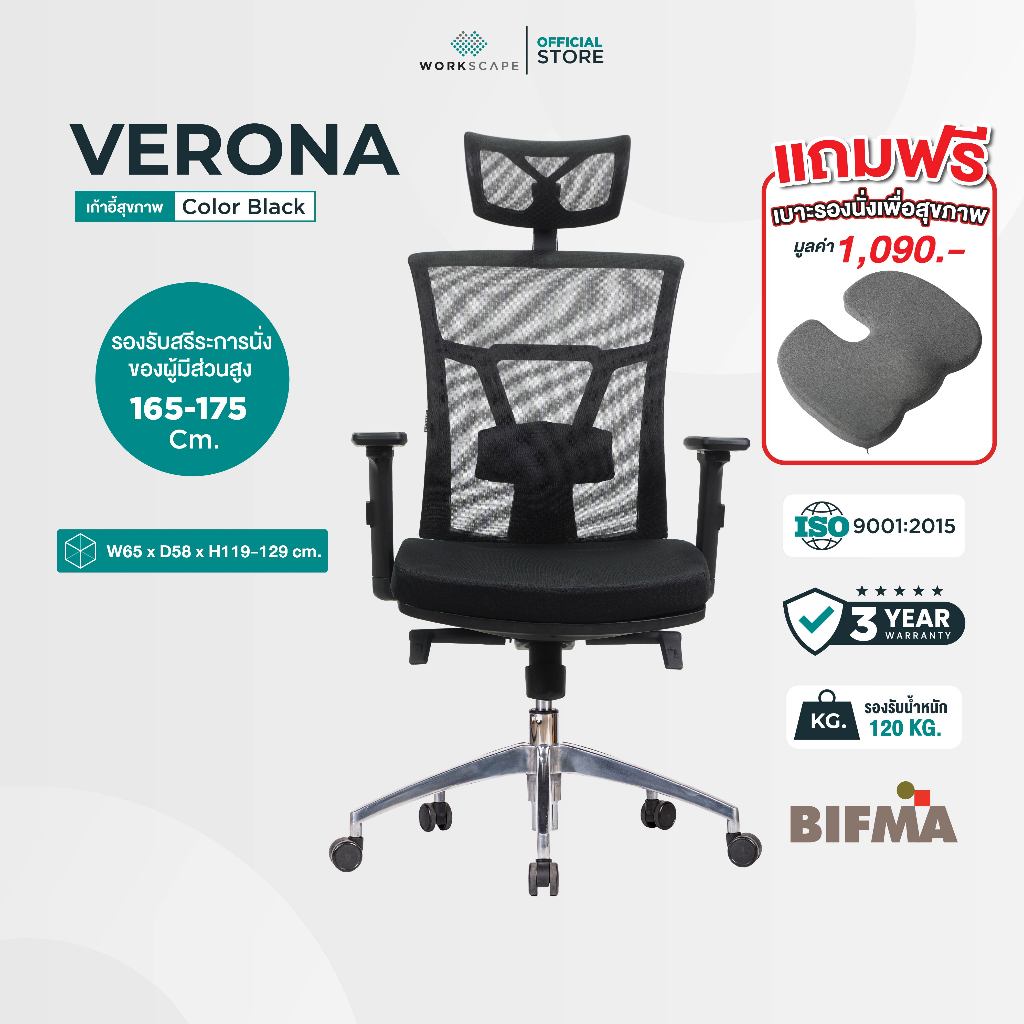 (ฟรีเบาะรองนั่ง) Workscape เก้าอี้สุขภาพ รุ่น Verona EM-207E เก้าอี้สำนักงาน เก้าอี้สุขภาพ พนักพิงตาข่าย มีพนักพิงศีรษะ