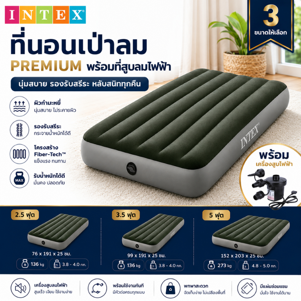ที่นอนเปาลม INTEX ที่นอนแคมปิ้ง + ที่สูบลมไฟฟ้า มี 3 ขนาด