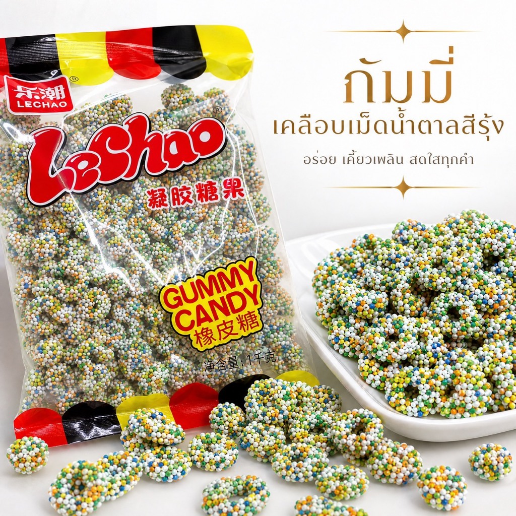 ลูกอมเยลลี่หลากสี 1กิโล เยลลี่กรอบ รสเปรี้ยวอมหวาน ทรงกลม+วงแหวน ขนมออฟฟิศ/เด็กชอบ