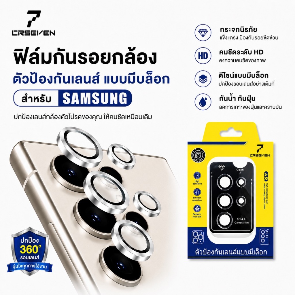cxshop(CRSEVEN012)ฟิล์มกันรอยกล้อง ตัวป้องกันเลนส์แบบมีบล้อกช่วยติด สำหรับSamsung A14 S22U S23FE S23U S24 S25Ultra S25Pl