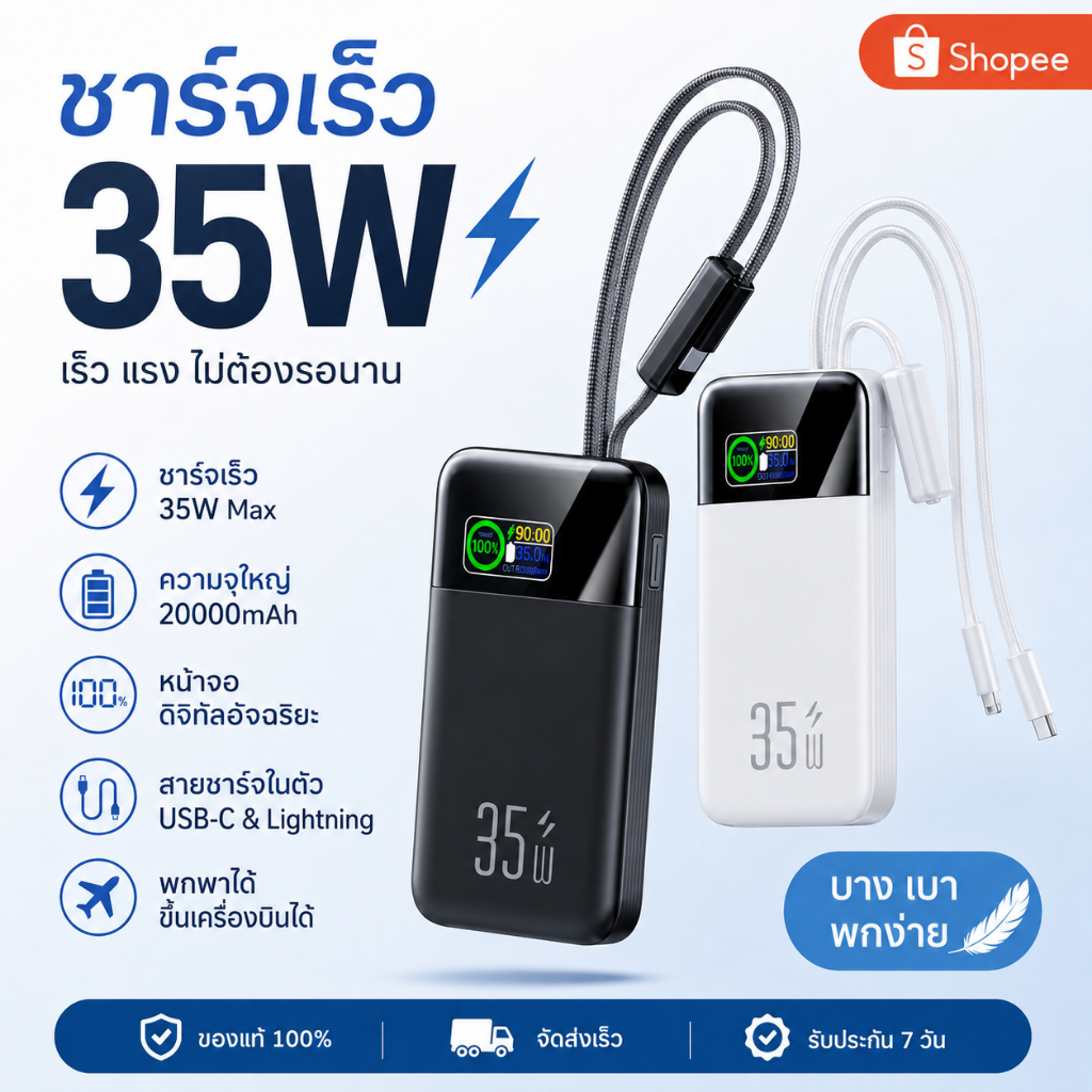 Powerbank 30000mAh แบตสำรอง ชาร์จเร็ว ชาร์จเร็วPD35W พกพาสะดวก ใช้งานง่าย with Built-In Charging Cable